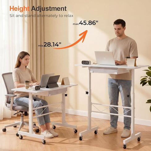 COMHOMA Small Standing Desk with Storage Drawer, Mobile Height Adjustable Rolling Sit Stand Desk with Lockable Wheels 4‑Level Portable Laptop Desk for Small Space Home Office Treadmill Workstation in Saudi Arabia