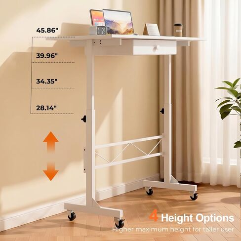 COMHOMA Small Standing Desk with Storage Drawer, Mobile Height Adjustable Rolling Sit Stand Desk with Lockable Wheels 4‑Level Portable Laptop Desk for Small Space Home Office Treadmill Workstation in Saudi Arabia