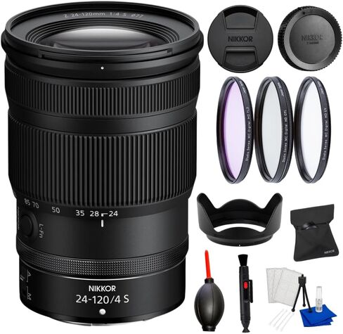 عدسة Nikon NIKKOR Z مقاس 24-120 مم f/4 S لكاميرات Nikon Z بدون مرآة - حزمة مع مجموعة مرشحات مكونة من 3 قطع وقلم عدسة ومنفاخ غبار ومجموعة تنظيف والمزيد in Kuwait