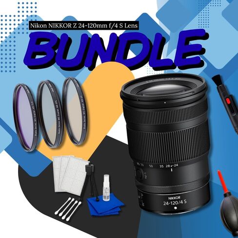 عدسة Nikon NIKKOR Z مقاس 24-120 مم f/4 S لكاميرات Nikon Z بدون مرآة - حزمة مع مجموعة مرشحات مكونة من 3 قطع وقلم عدسة ومنفاخ غبار ومجموعة تنظيف والمزيد in Kuwait