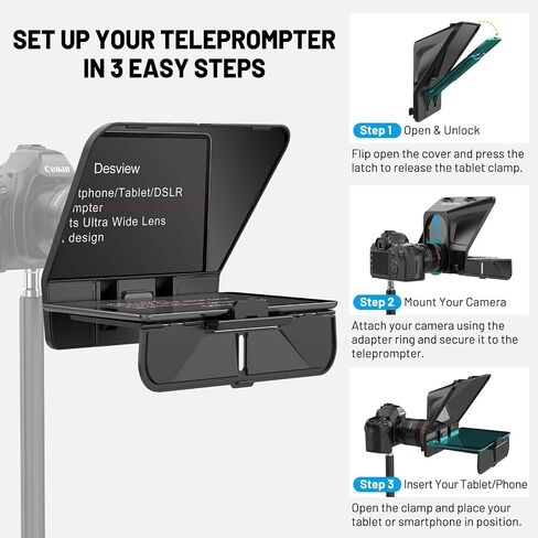 Desview T5 Teleprompter for Smartphone & Tablet, Video Recording | Compatible with DSLR Cameras. Includes 49-82mm Adapter Rings, Coated Glass, Bluetooth Remote, Free App for Streaming in Saudi Arabia