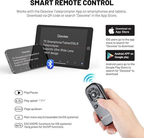 Desview T5 Teleprompter for Smartphone & Tablet, Video Recording | Compatible with DSLR Cameras. Includes 49-82mm Adapter Rings, Coated Glass, Bluetooth Remote, Free App for Streaming in Saudi Arabia
