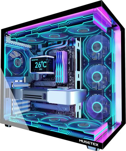 MUSETEX Y6 PC Case, Pre-Installed 7 Infinity Mirror PWM ARGB Fans, ATX Mid Tower Computer Case, Gaming PC Case with Type-C, 270° Full View Tempered Glass, Black in Saudi Arabia