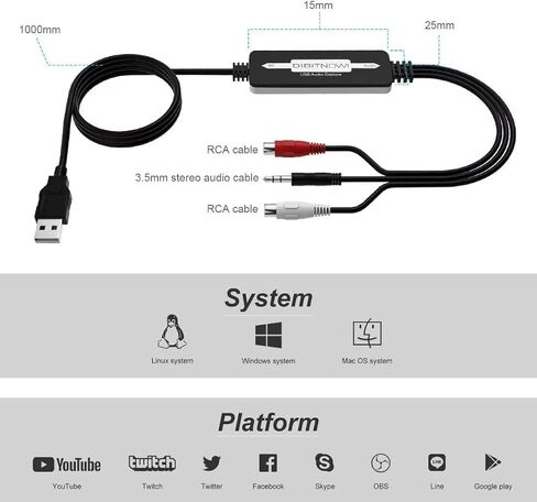 USB 2.0 Audio Capture Card for Vinyl Records, Audio Grabber for Cassette Tapes to Digital MP3 Converter with Stereo RCA/3.5mm Music Interface, Support Mac & Windows 7/8/10/11/XP/Vista in Saudi Arabia