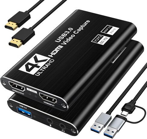 XIIXMASK USB 3.0 HDMI Capture Card, 4K Pass-Through, 1080P 60FPS Capture | Dual-port USB-A/USB-C Video Game Capture, Ultra-Low Latency 4K Pass-Through for PS4/PS5, Switch 1/2, Xbox, PC, Mac, Camera in Saudi Arabia