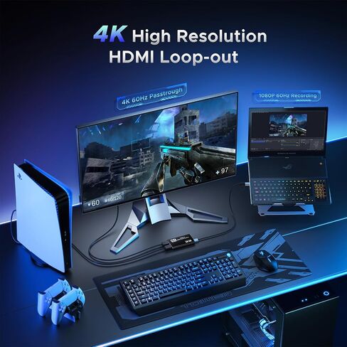 XIIXMASK USB 3.0 HDMI Capture Card, 4K Pass-Through, 1080P 60FPS Capture | Dual-port USB-A/USB-C Video Game Capture, Ultra-Low Latency 4K Pass-Through for PS4/PS5, Switch 1/2, Xbox, PC, Mac, Camera in Saudi Arabia