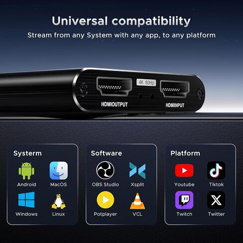 XIIXMASK USB 3.0 HDMI Capture Card, 4K Pass-Through, 1080P 60FPS Capture | Dual-port USB-A/USB-C Video Game Capture, Ultra-Low Latency 4K Pass-Through for PS4/PS5, Switch 1/2, Xbox, PC, Mac, Camera in Saudi Arabia
