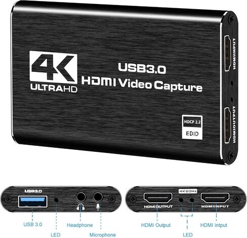 بطاقة التقاط الفيديو، بطاقة التقاط فيديو HDMI 4K، بطاقة التقاط الألعاب، جهاز التقاط فيديو 1080P 60FPS، بطاقة التقاط HDMI إلى USB 3.0 للبث، تعمل مع الكاميرا/Xbox/PS4/PS5/PC/OBS in Kuwait