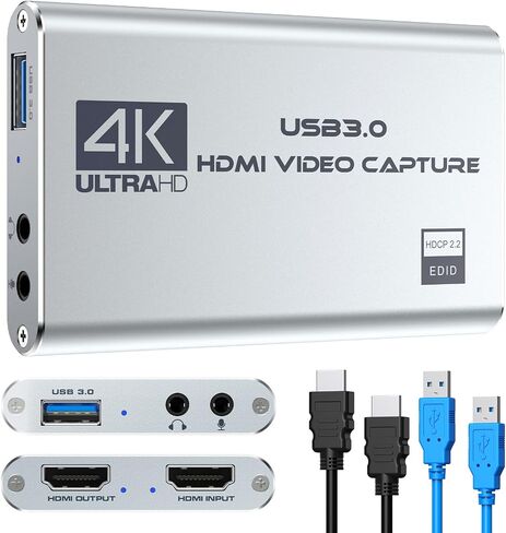 بطاقة التقاط الفيديو، بطاقة التقاط فيديو HDMI 4K، بطاقة التقاط الألعاب، جهاز التقاط فيديو 1080P 60FPS، بطاقة التقاط HDMI إلى USB 3.0 للبث، تعمل مع الكاميرا/Xbox/PS4/PS5/PC/OBS in Kuwait