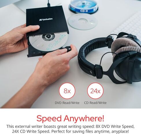 Verbatim Slim External Burner CD/DVD +/-RW Optical Drive USB 2.0 with USB A to USB C Adapter and M-DISC Support - Mac & PC Compatible Nero Burn & Archive Software Included (Windows only) in Saudi Arabia