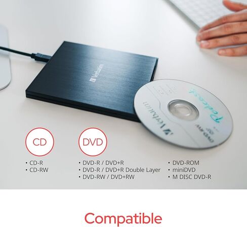 Verbatim Slim External Burner CD/DVD +/-RW Optical Drive USB 2.0 with USB A to USB C Adapter and M-DISC Support - Mac & PC Compatible Nero Burn & Archive Software Included (Windows only) in Saudi Arabia
