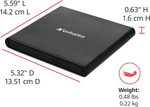 Verbatim Slim External Burner CD/DVD +/-RW Optical Drive USB 2.0 with USB A to USB C Adapter and M-DISC Support - Mac & PC Compatible Nero Burn & Archive Software Included (Windows only) in Saudi Arabia