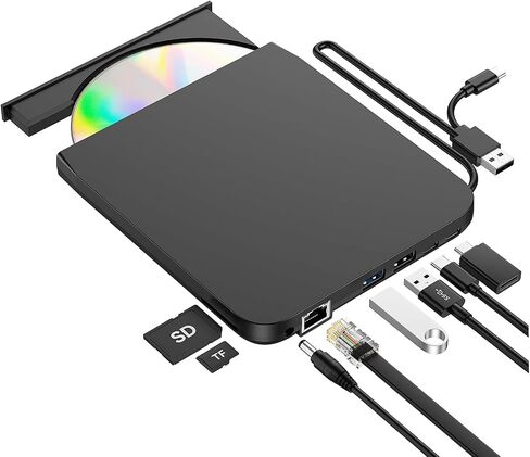 ROOFULL External CD DVD Drive with 4 USB Port & 2 SD Card Slot & Case | 8 In 1 USB-C 3.0 Optical Disk Drive CD DVD Player Burner Reader Writer for Laptop PC MacBook, Windows Linux Mac OS, RF40-SU in Saudi Arabia