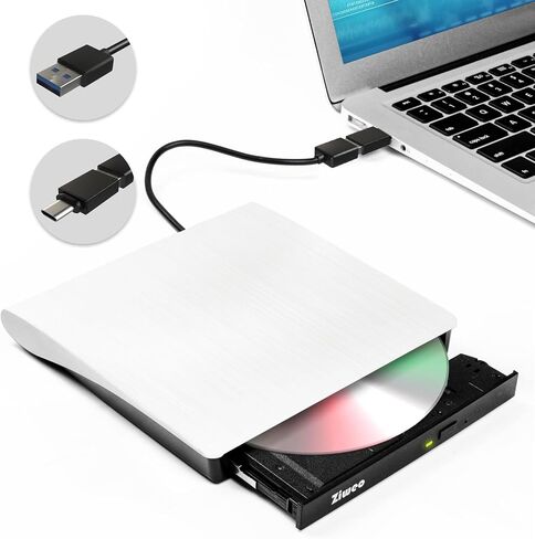 Ziweo External CD DVD Drive, Portable USB 3.0 Type-C CD Burner CD +/-RW Drive DVD Player for ROM Rewriter Burner Compatible with Laptop Desktop PC Windows MacBook Linux Mac OS in Saudi Arabia