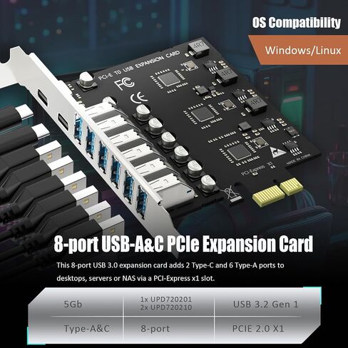 بطاقة توسيع GLOTREND U6A2C ذات 8 منافذ PCIe USB، 2 منافذ USB-C و6 منافذ USB-A (USB 3.2 الجيل 1)، متوافقة مع نظام التشغيل Windows Linux (ليس لنظام التشغيل Mac OS) in Kuwait