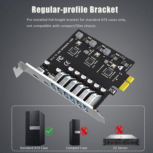 بطاقة توسيع GLOTREND U6A2C ذات 8 منافذ PCIe USB، 2 منافذ USB-C و6 منافذ USB-A (USB 3.2 الجيل 1)، متوافقة مع نظام التشغيل Windows Linux (ليس لنظام التشغيل Mac OS) in Kuwait