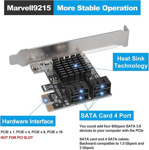 SATA Card, 6Gbps 4 Port Controller Expansion Card with 4 Cables & Low Profile Bracket, Non-Raid, Boot as System Disk, Support 4 SATA 3.0 Devices for Desktop PC & Workstation in Kuwait