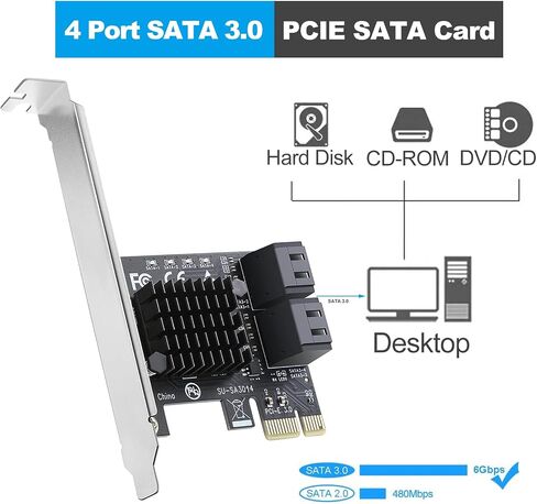 SATA Card, 6Gbps 4 Port Controller Expansion Card with 4 Cables & Low Profile Bracket, Non-Raid, Boot as System Disk, Support 4 SATA 3.0 Devices for Desktop PC & Workstation in Kuwait