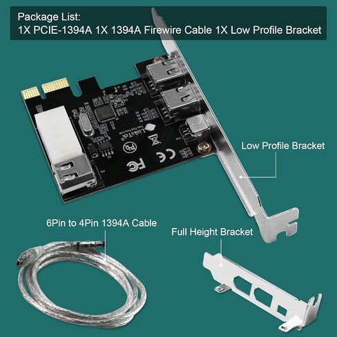 PCIE-1394A 4-Ports 1394A PCIE FireWire 400 Expansion Card for Windows Desktop PCs, 3X 6Pin and 1X 4Pin 1394A 400Mbps Ports, with 4Pin-6Pin 1394A Cables and Low Profile Bracket in Saudi Arabia