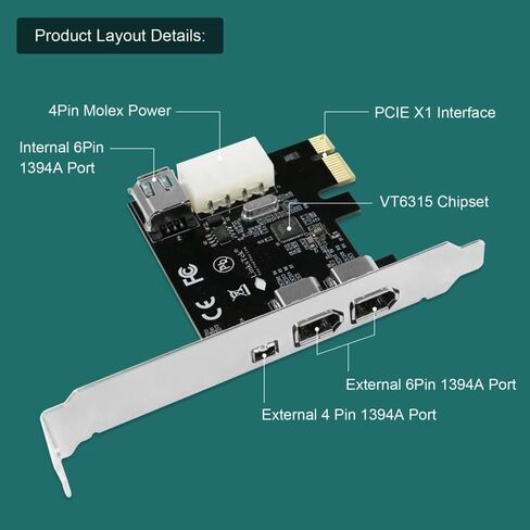 PCIE-1394A 4-Ports 1394A PCIE FireWire 400 Expansion Card for Windows Desktop PCs, 3X 6Pin and 1X 4Pin 1394A 400Mbps Ports, with 4Pin-6Pin 1394A Cables and Low Profile Bracket in Saudi Arabia