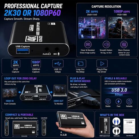 Guermok USB 3.0 HDMI Capture Card, 1080P 60FPS & 2K30 Video Capture Device | 4K HDMI Pass-Through, Mic Input & Audio Output, USB Video Game Capture for OBS Streaming, PS5, Switch 2/1, Xbox1, Camera, PC in Saudi Arabia