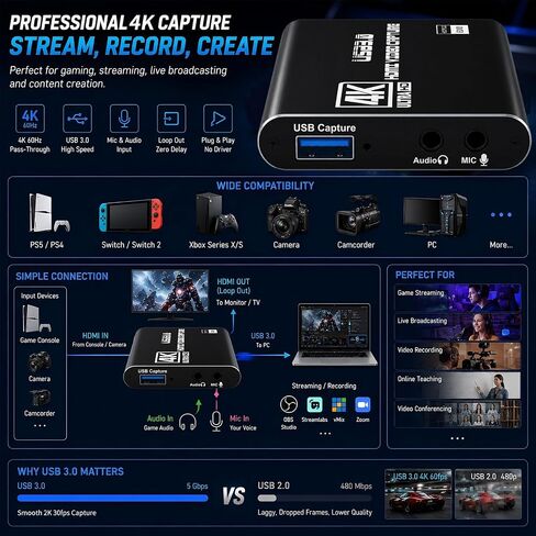 Guermok USB 3.0 HDMI Capture Card, 1080P 60FPS & 2K30 Video Capture Device | 4K HDMI Pass-Through, Mic Input & Audio Output, USB Video Game Capture for OBS Streaming, PS5, Switch 2/1, Xbox1, Camera, PC in Saudi Arabia