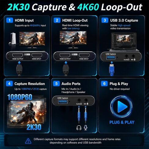 Guermok USB 3.0 HDMI Capture Card, 1080P 60FPS & 2K30 Video Capture Device | 4K HDMI Pass-Through, Mic Input & Audio Output, USB Video Game Capture for OBS Streaming, PS5, Switch 2/1, Xbox1, Camera, PC in Saudi Arabia