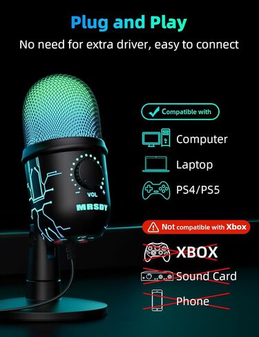 ميكروفون ألعاب USB للكمبيوتر الشخصي مع تقليل الضوضاء وكتم الصوت والكسب وRGB | ميكروفون مكثف، مقبس سماعة الرأس، مناسب للكمبيوتر الشخصي، الكمبيوتر، PS4، PS5، Mac، البث، البث، التسجيل، YouTube، Discord in Kuwait