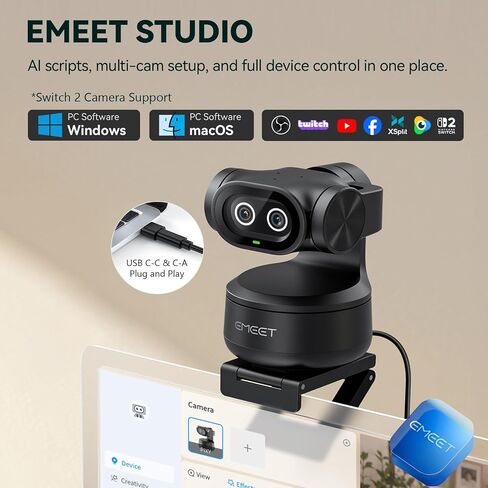 EMEET PIXY Dual-Camera AI-Powered PTZ Camera 4K, AI Tracking | PDAF&AI Autofocus 0.2s, 1/2.55'' Sony Sensor, 3 Mics, Presets, 4K Webcam for Streaming and OBS/Twitch/Switch 2 Compatible in Saudi Arabia