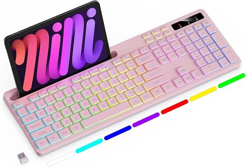 Soueto Wireless Keyboard with 7-Color RGB Backlit, Full-Size Computer Keyboard with Phone Tablet Holder, 2.4G Rechargeable Gaming Keyboard with Light Up Keys, Compatible with Mac, Windows (Black) in Saudi Arabia