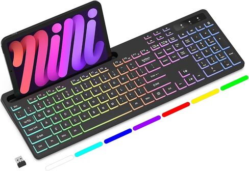 Soueto Wireless Keyboard with 7-Color RGB Backlit, Full-Size Computer Keyboard with Phone Tablet Holder, 2.4G Rechargeable Gaming Keyboard with Light Up Keys, Compatible with Mac, Windows (Black) in Kuwait