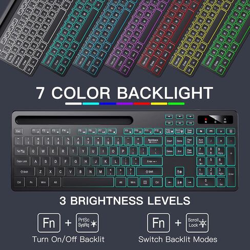 Soueto Wireless Keyboard with 7-Color RGB Backlit, Full-Size Computer Keyboard with Phone Tablet Holder, 2.4G Rechargeable Gaming Keyboard with Light Up Keys, Compatible with Mac, Windows (Black) in Kuwait