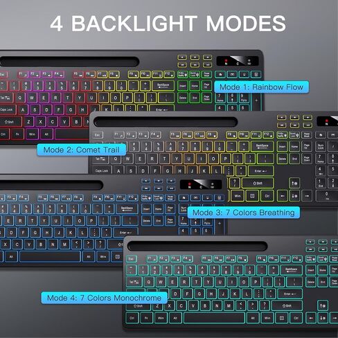 Soueto Wireless Keyboard with 7-Color RGB Backlit, Full-Size Computer Keyboard with Phone Tablet Holder, 2.4G Rechargeable Gaming Keyboard with Light Up Keys, Compatible with Mac, Windows (Black) in Kuwait