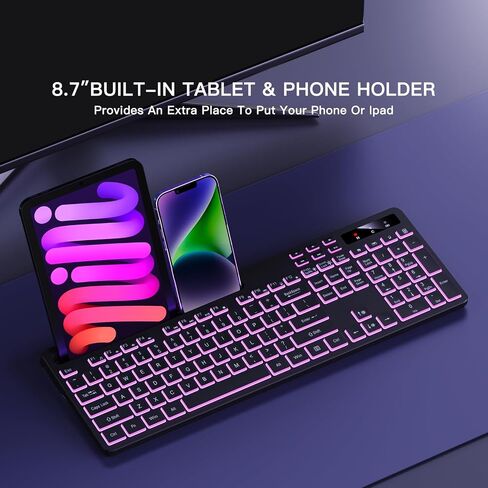 Soueto Wireless Keyboard with 7-Color RGB Backlit, Full-Size Computer Keyboard with Phone Tablet Holder, 2.4G Rechargeable Gaming Keyboard with Light Up Keys, Compatible with Mac, Windows (Black) in Kuwait