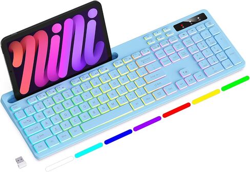 Soueto Wireless Keyboard with 7-Color RGB Backlit, Full-Size Computer Keyboard with Phone Tablet Holder, 2.4G Rechargeable Gaming Keyboard with Light Up Keys, Compatible with Mac, Windows (Black) in Kuwait