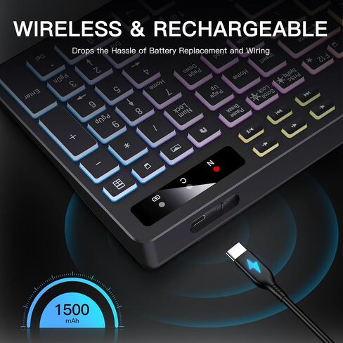 Soueto Wireless Keyboard with 7-Color RGB Backlit, Full-Size Computer Keyboard with Phone Tablet Holder, 2.4G Rechargeable Gaming Keyboard with Light Up Keys, Compatible with Mac, Windows (Black) in Kuwait