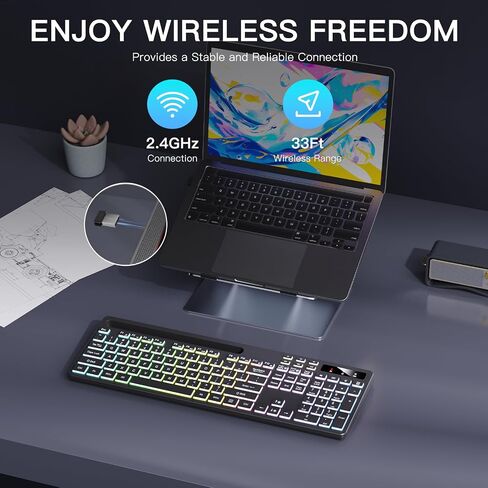 Soueto Wireless Keyboard with 7-Color RGB Backlit, Full-Size Computer Keyboard with Phone Tablet Holder, 2.4G Rechargeable Gaming Keyboard with Light Up Keys, Compatible with Mac, Windows (Black) in Kuwait