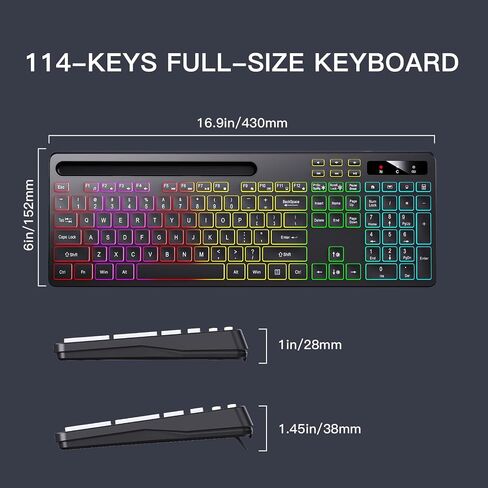 Soueto Wireless Keyboard with 7-Color RGB Backlit, Full-Size Computer Keyboard with Phone Tablet Holder, 2.4G Rechargeable Gaming Keyboard with Light Up Keys, Compatible with Mac, Windows (Black) in Kuwait