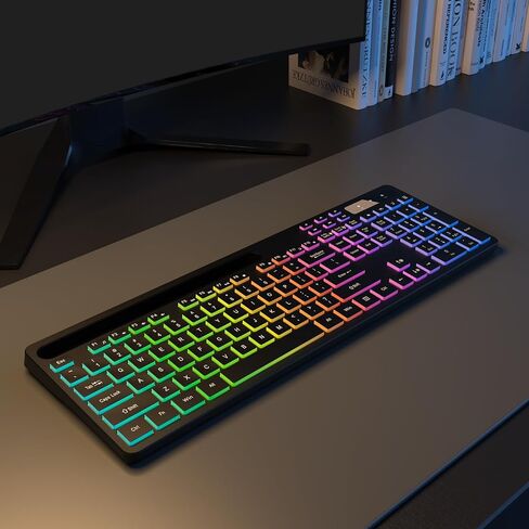 Soueto Wireless Keyboard with 7-Color RGB Backlit, Full-Size Computer Keyboard with Phone Tablet Holder, 2.4G Rechargeable Gaming Keyboard with Light Up Keys, Compatible with Mac, Windows (Black) in Kuwait
