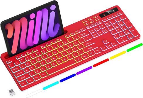 Soueto Wireless Keyboard with 7-Color RGB Backlit, Full-Size Computer Keyboard with Phone Tablet Holder, 2.4G Rechargeable Gaming Keyboard with Light Up Keys, Compatible with Mac, Windows (Black) in Kuwait