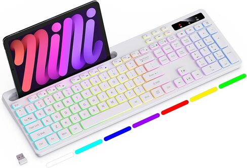 Soueto Wireless Keyboard with 7-Color RGB Backlit, Full-Size Computer Keyboard with Phone Tablet Holder, 2.4G Rechargeable Gaming Keyboard with Light Up Keys, Compatible with Mac, Windows (Black) in Kuwait