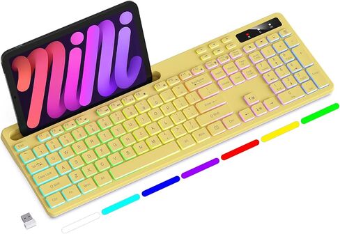 Soueto Wireless Keyboard with 7-Color RGB Backlit, Full-Size Computer Keyboard with Phone Tablet Holder, 2.4G Rechargeable Gaming Keyboard with Light Up Keys, Compatible with Mac, Windows (Black) in Kuwait