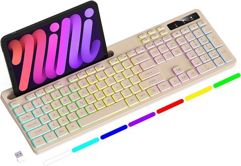 Soueto Wireless Keyboard with 7-Color RGB Backlit, Full-Size Computer Keyboard with Phone Tablet Holder, 2.4G Rechargeable Gaming Keyboard with Light Up Keys, Compatible with Mac, Windows (Black) in Kuwait