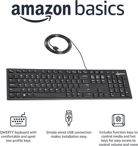 Amazon Basics Wired QWERTY Keyboard, Works with Windows, Plug and Play, Easy to Use with Media Control, Full-Sized, Black in Saudi Arabia