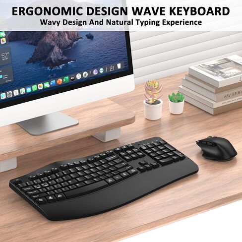 Wireless Keyboard and Mouse Combo, EDJO 2.4G Full-Sized Wave Keys Ergonomic Keyboard and Wireless Optical Mouse, Energy-Saving Wireless Mouse Keyboard for Computer, Mac, Laptop, PC, Windows(Black) in Saudi Arabia