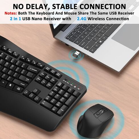 Wireless Keyboard and Mouse Combo, EDJO 2.4G Full-Sized Wave Keys Ergonomic Keyboard and Wireless Optical Mouse, Energy-Saving Wireless Mouse Keyboard for Computer, Mac, Laptop, PC, Windows(Black) in Saudi Arabia