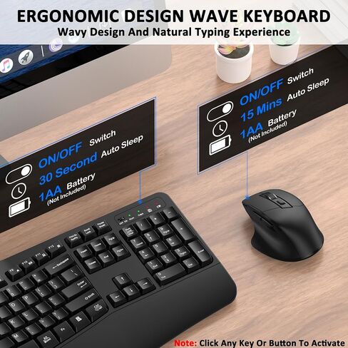 Wireless Keyboard and Mouse Combo, EDJO 2.4G Full-Sized Wave Keys Ergonomic Keyboard and Wireless Optical Mouse, Energy-Saving Wireless Mouse Keyboard for Computer, Mac, Laptop, PC, Windows(Black) in Saudi Arabia