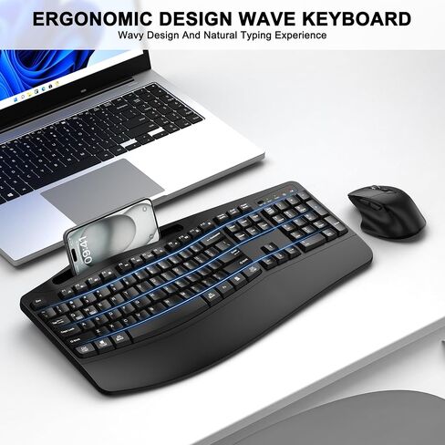 Wireless Keyboard and Mouse Combo, 2.4G Ergonomic Wave Keys(Black) in Saudi Arabia