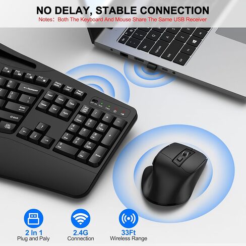 Wireless Keyboard and Mouse Combo, 2.4G Ergonomic Wave Keys(Black) in Saudi Arabia