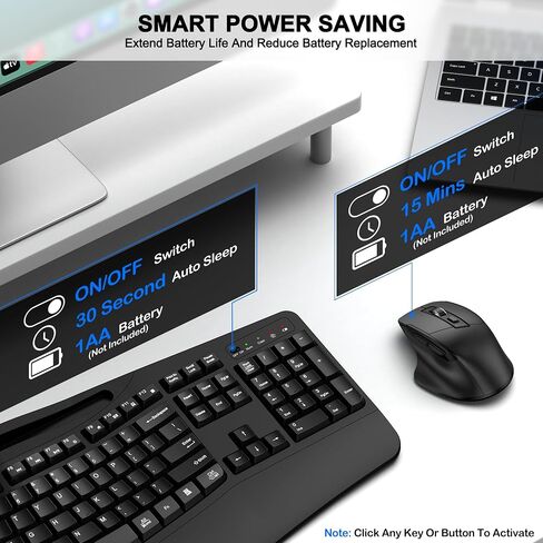 Wireless Keyboard and Mouse Combo, 2.4G Ergonomic Wave Keys(Black) in Saudi Arabia